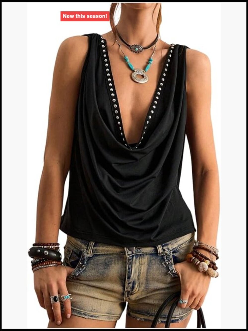 Studded Cowl Neck Tank Top Ruched Open Back Y2K Gothic Sleeveless Club